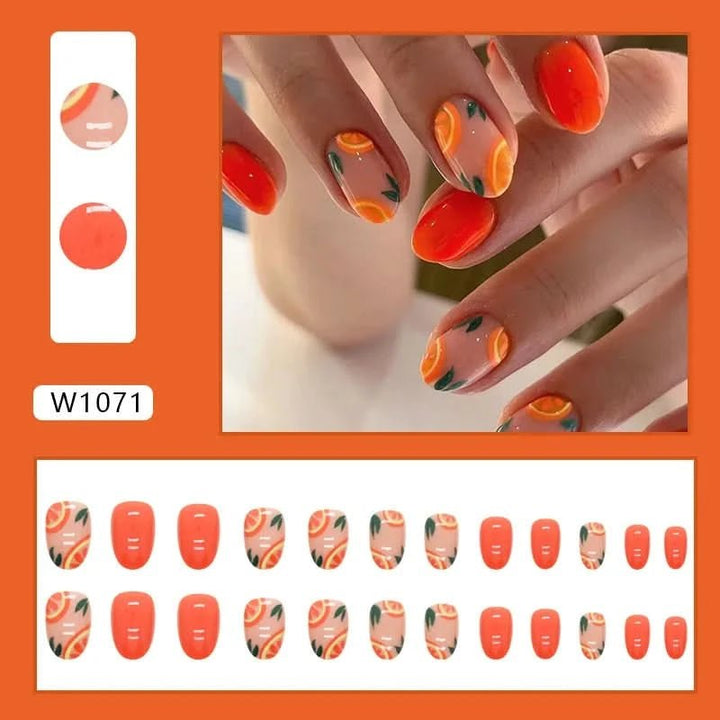 24pcs Cute Fruit False Nail Short Persimmon Orange Printed Press on Nail Manicure Patch Full Cover Detachable Acrylic Nail Tips - Nikki Love Nails