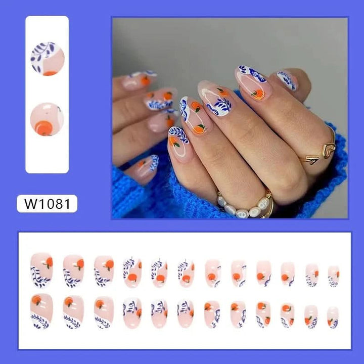 24pcs Cute Fruit False Nail Short Persimmon Orange Printed Press on Nail Manicure Patch Full Cover Detachable Acrylic Nail Tips - Nikki Love Nails