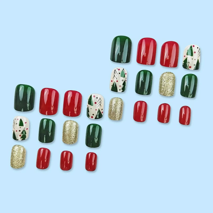 24pcs Cute Short Christmas Fake Nails Shiny Gold Powde False Nails for Girl Wearable New Year Gift Xmas Tree Press on Nail Tips - Nikki Love Nails