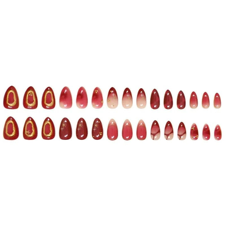 24pcs Deep Red Simple French Fake Nails Baroque Starry Ins Press on Nails For Women Wearable Detahcble Short Almond Fake Nails - Nikki Love Nails