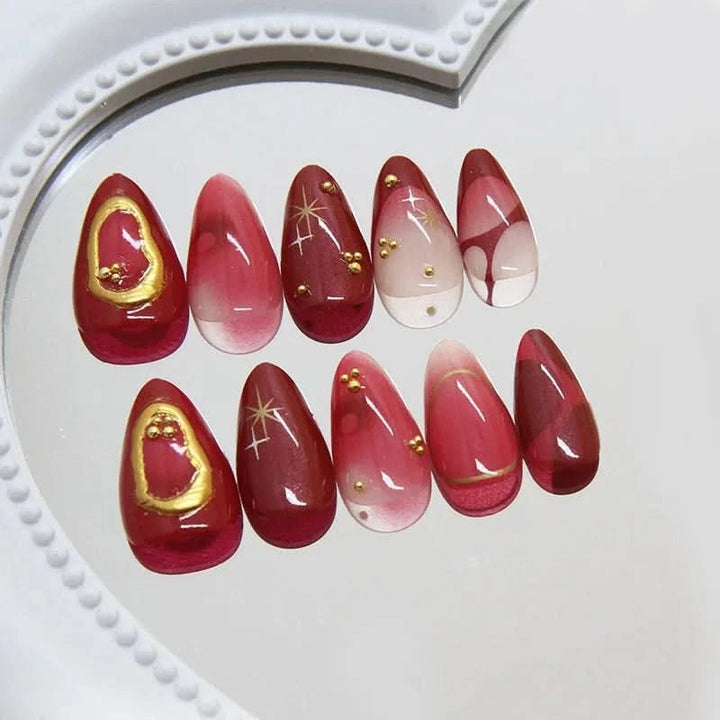 24pcs Deep Red Simple French Fake Nails Baroque Starry Ins Press on Nails For Women Wearable Detahcble Short Almond Fake Nails - Nikki Love Nails