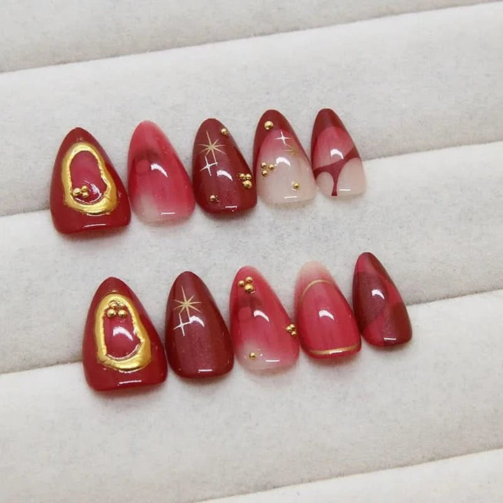 24pcs Deep Red Simple French Fake Nails Baroque Starry Ins Press on Nails For Women Wearable Detahcble Short Almond Fake Nails - Nikki Love Nails