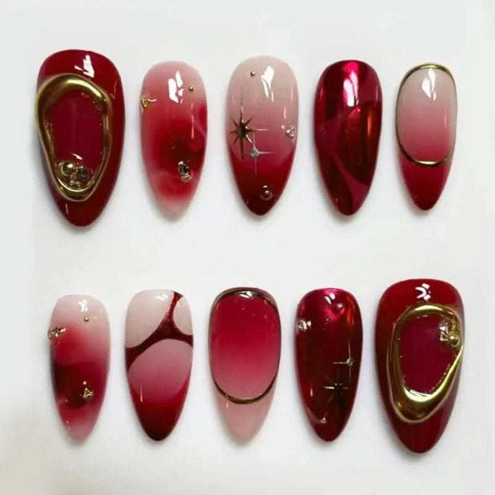 24pcs Deep Red Simple French Fake Nails Baroque Starry Ins Press on Nails For Women Wearable Detahcble Short Almond Fake Nails - Nikki Love Nails