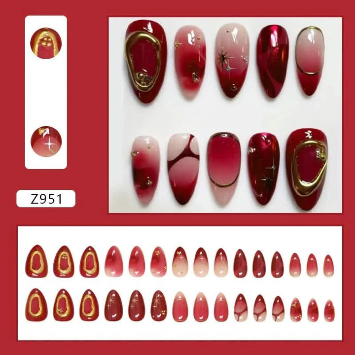 24pcs Deep Red Simple French Fake Nails Baroque Starry Ins Press on Nails For Women Wearable Detahcble Short Almond Fake Nails - Nikki Love Nails