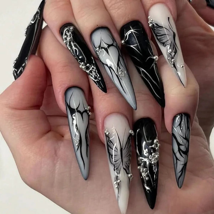 24pcs European Heavy Metal Fake Nails Black Butterfly False Nails Wearable Detachable Punk Style Long Pointed Press on Nail Tips - Nikki Love Nails