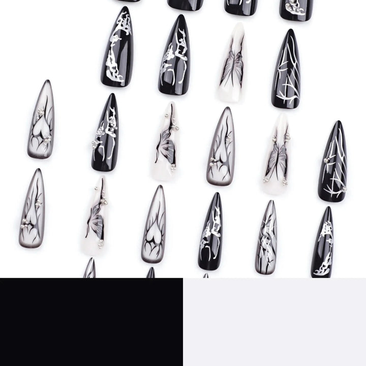 24pcs European Heavy Metal Fake Nails Black Butterfly False Nails Wearable Detachable Punk Style Long Pointed Press on Nail Tips - Nikki Love Nails