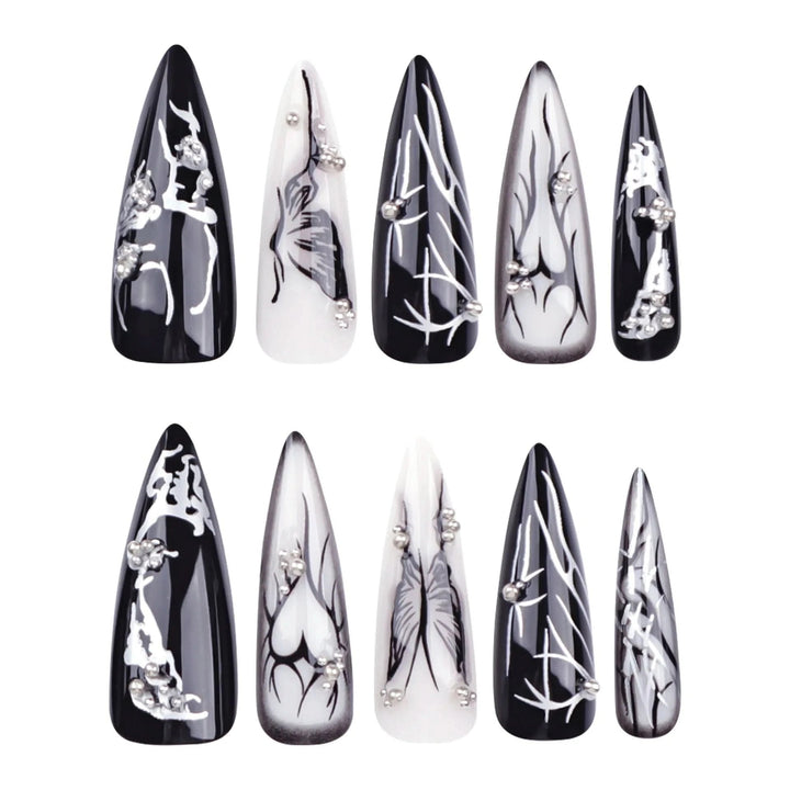 24pcs European Heavy Metal Fake Nails Black Butterfly False Nails Wearable Detachable Punk Style Long Pointed Press on Nail Tips - Nikki Love Nails