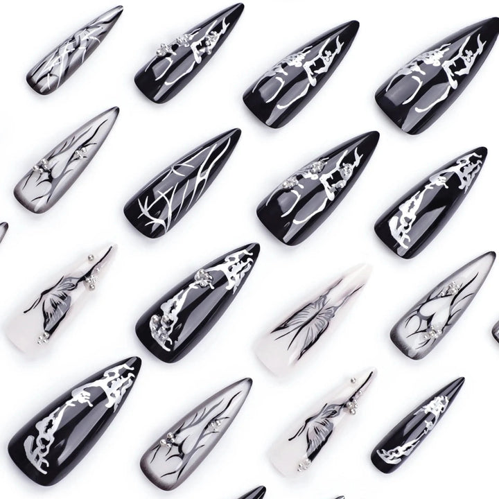 24pcs European Heavy Metal Fake Nails Black Butterfly False Nails Wearable Detachable Punk Style Long Pointed Press on Nail Tips - Nikki Love Nails