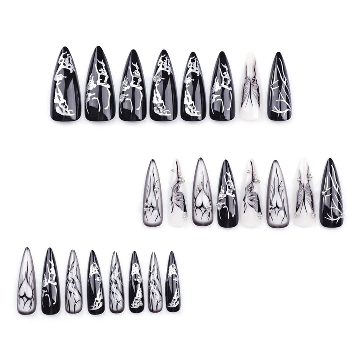 24pcs European Heavy Metal Fake Nails Black Butterfly False Nails Wearable Detachable Punk Style Long Pointed Press on Nail Tips - Nikki Love Nails