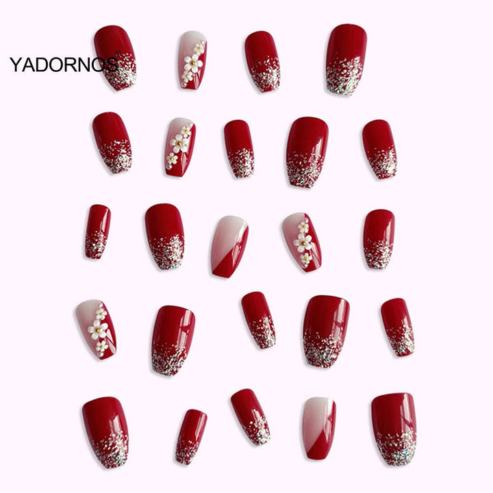 24Pcs Full Cover Fake Nails with 3D White Flower Design Full Cover Press on Fingernails Tips Coffin Head Glitter Red False Nails - Nikki Love Nails