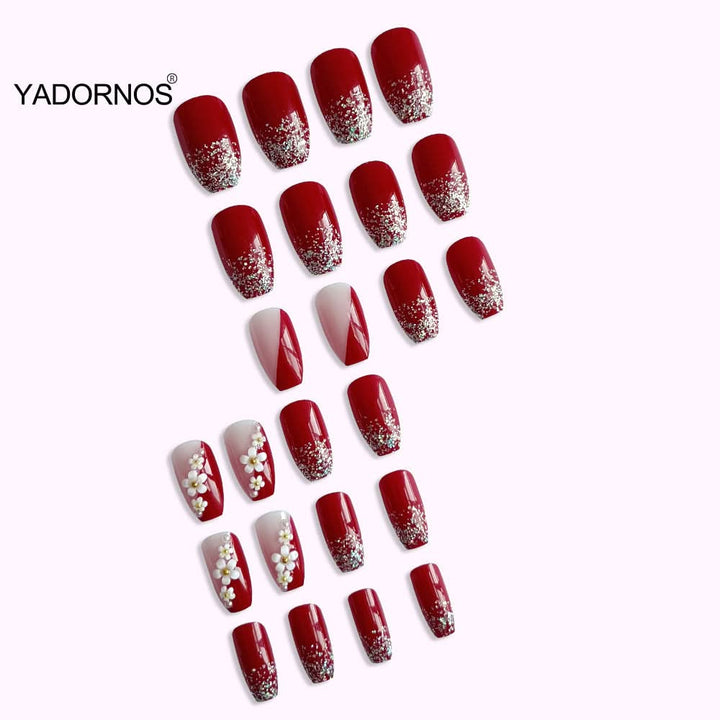 24Pcs Full Cover Fake Nails with 3D White Flower Design Full Cover Press on Fingernails Tips Coffin Head Glitter Red False Nails - Nikki Love Nails