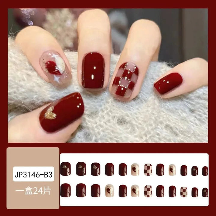 24Pcs Full Cover Fake Nails with 3D White Flower Design Full Cover Press on Fingernails Tips Coffin Head Glitter Red False Nails - Nikki Love Nails