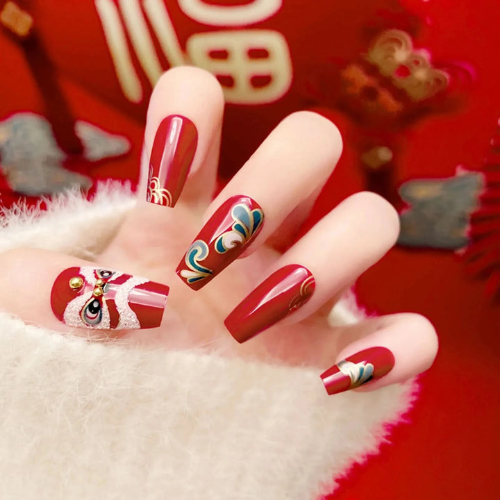 24Pcs Full Cover Fake Nails with 3D White Flower Design Full Cover Press on Fingernails Tips Coffin Head Glitter Red False Nails - Nikki Love Nails