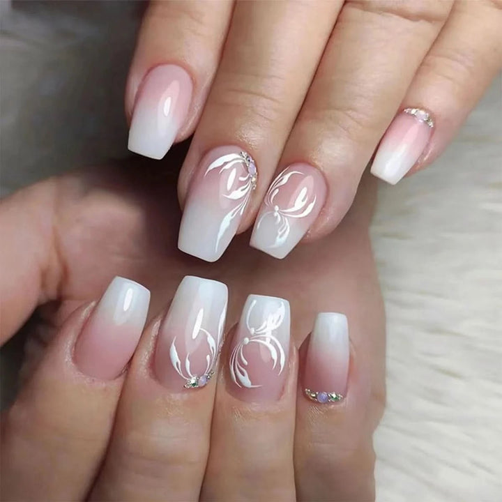 24Pcs Full Cover Fake Nails with 3D White Flower Design Full Cover Press on Fingernails Tips Coffin Head Glitter Red False Nails - Nikki Love Nails