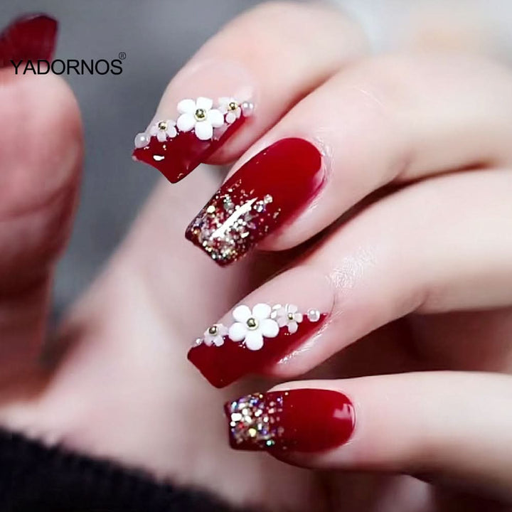 24Pcs Full Cover Fake Nails with 3D White Flower Design Full Cover Press on Fingernails Tips Coffin Head Glitter Red False Nails - Nikki Love Nails