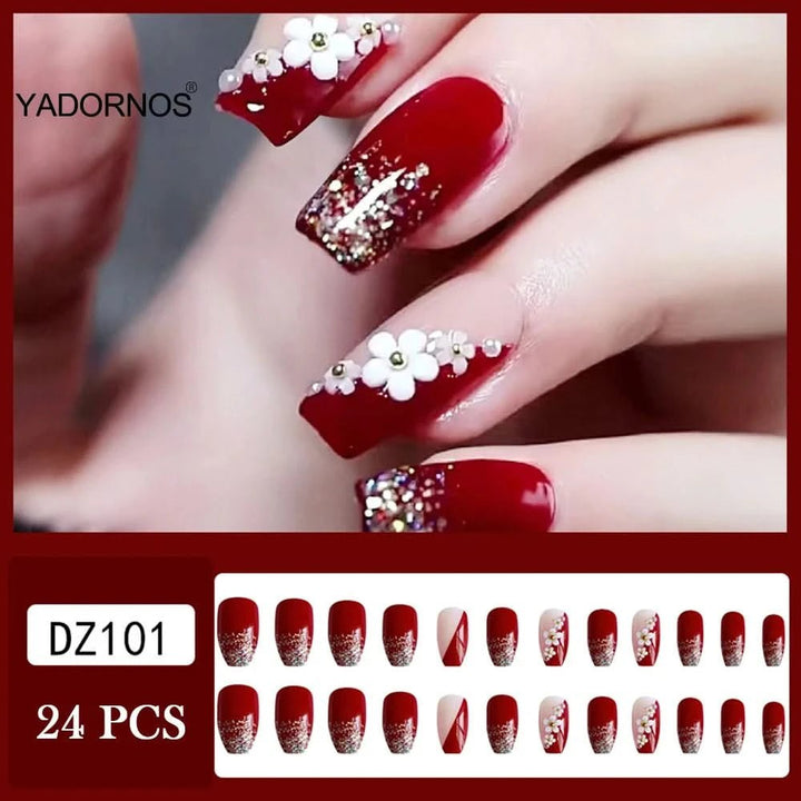 24Pcs Full Cover Fake Nails with 3D White Flower Design Full Cover Press on Fingernails Tips Coffin Head Glitter Red False Nails - Nikki Love Nails