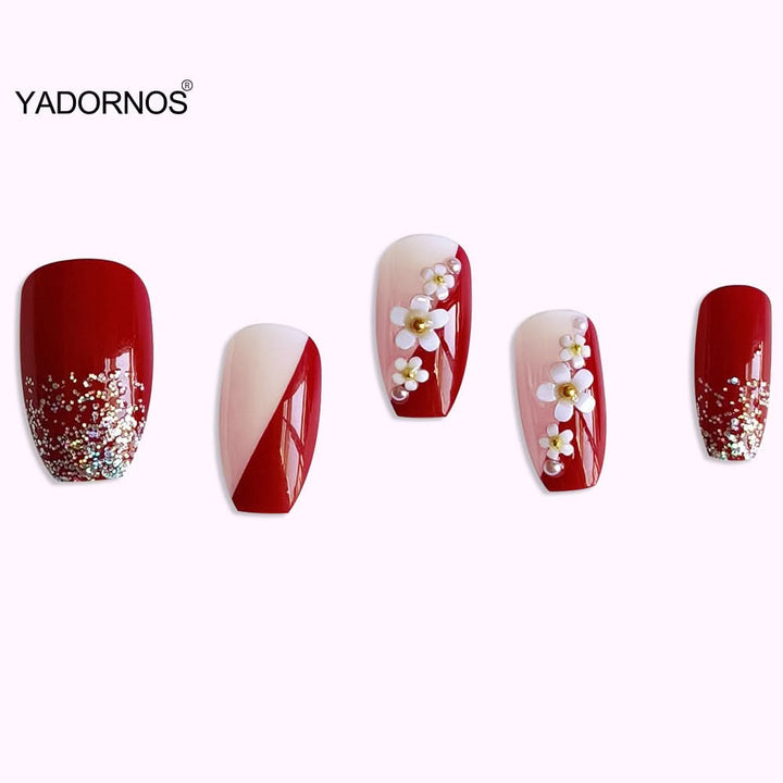 24Pcs Full Cover Fake Nails with 3D White Flower Design Full Cover Press on Fingernails Tips Coffin Head Glitter Red False Nails - Nikki Love Nails