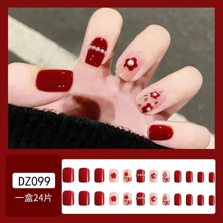 24Pcs Full Cover Fake Nails with 3D White Flower Design Full Cover Press on Fingernails Tips Coffin Head Glitter Red False Nails - Nikki Love Nails