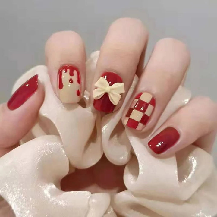 24Pcs Full Cover Fake Nails with 3D White Flower Design Full Cover Press on Fingernails Tips Coffin Head Glitter Red False Nails - Nikki Love Nails