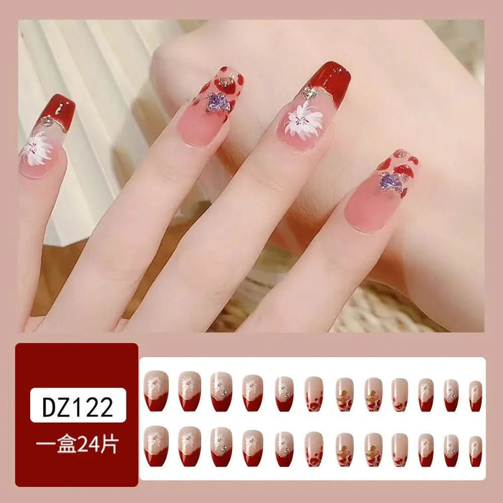 24Pcs Full Cover Fake Nails with 3D White Flower Design Full Cover Press on Fingernails Tips Coffin Head Glitter Red False Nails - Nikki Love Nails