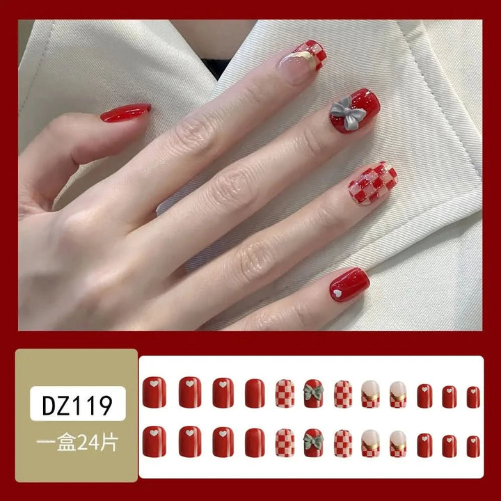 24Pcs Full Cover Fake Nails with 3D White Flower Design Full Cover Press on Fingernails Tips Coffin Head Glitter Red False Nails - Nikki Love Nails