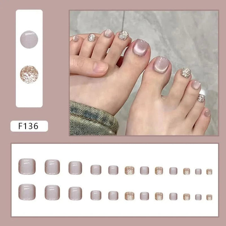 24pcs Glitter Cat Eye False Toenails Shiny Powder Design Fashion Fake Toe Nails Full Finished Wearable Press on Nail for Girls - Nikki Love Nails