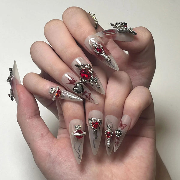 24pcs Goth False Nails 3D Sliver Metal Heart Butterfly Decor Press on Nail with Red Crystal Design Cool Girl False Nail Tips - Nikki Love Nails