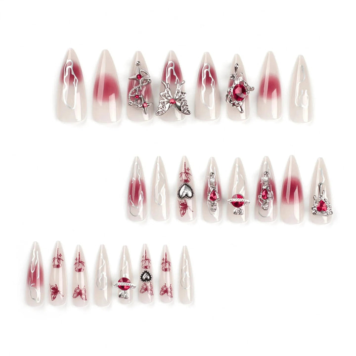 24pcs Goth False Nails 3D Sliver Metal Heart Butterfly Decor Press on Nail with Red Crystal Design Cool Girl False Nail Tips - Nikki Love Nails