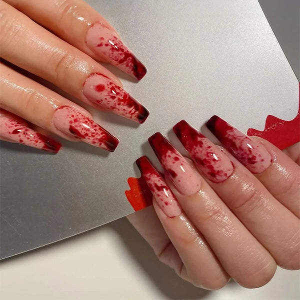 Halloween Red Bloodstain False Nails Long Coffin Ballet Full Cover Press on Nails Detchable Full Cover Fake Nail Patches 24pcs