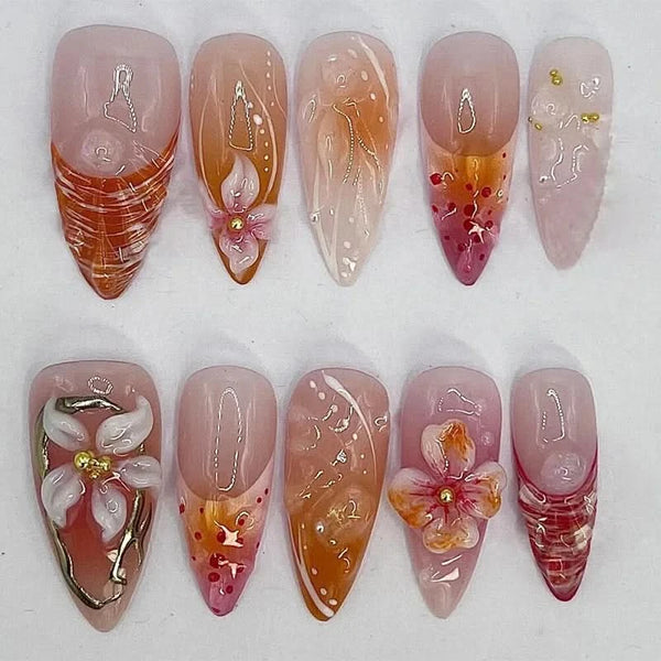 24pcs Gradient French Press on Nails Ins 3D Flower Fake Nail Tips Wearable Full Cover Sweet Cute Almond Fake Nail Patch