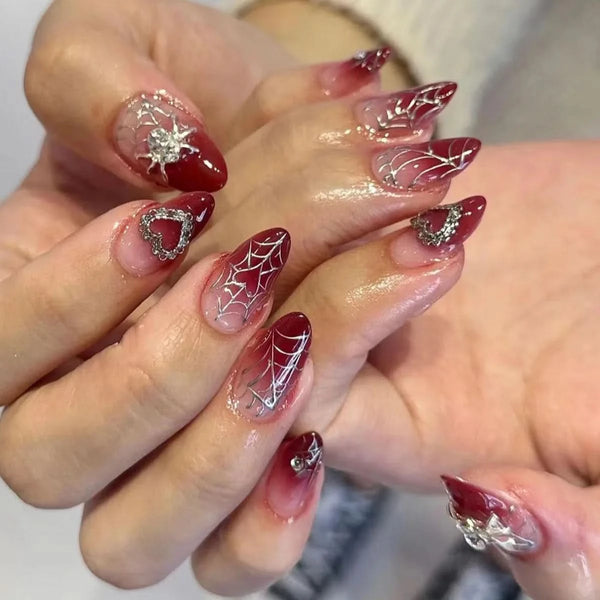 Gradient Red Fake Nail with Spider Web Pattern False Nails with Crystal Design Almond Press on Nail Tips Wearable Free Shipping