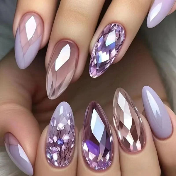 24pcs Purple Crystal Decor False Nails Irregular Crystal Almond Press on Nails Wearable Detachable Ins Fashion Fake Nail Tips