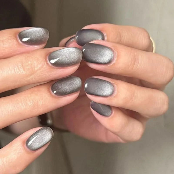 Gray Cat Eye False Nails Shiny Aurora Fake Nail Tips Full Cover Korean Style Short Round Head Press on Nail Tips Free Shipping