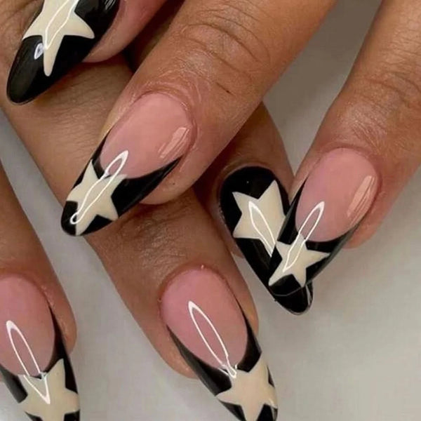 ARTAUG 24PCS Medium Stiletto Pink Black French Tip Press On Nails Star Pattern Glitter Press On Nails