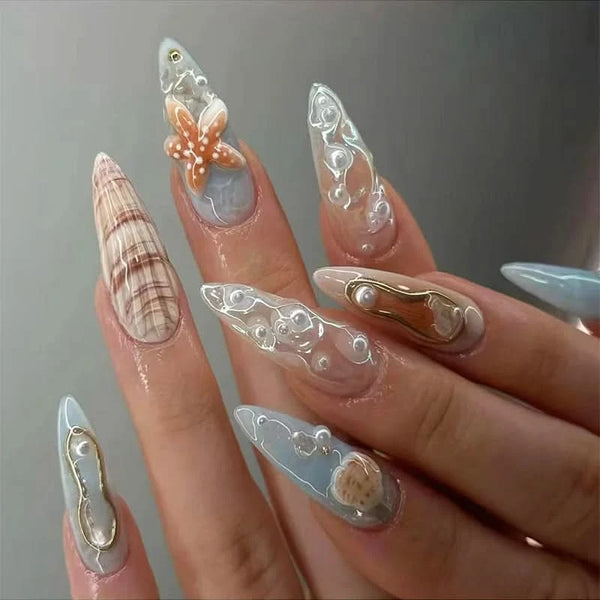 24pcs Retro Ocean Fake Nails Beach Shells Pearl Diamond Design False Nail Tips Korean Blue Sweet Girls Wearable Press on Nails