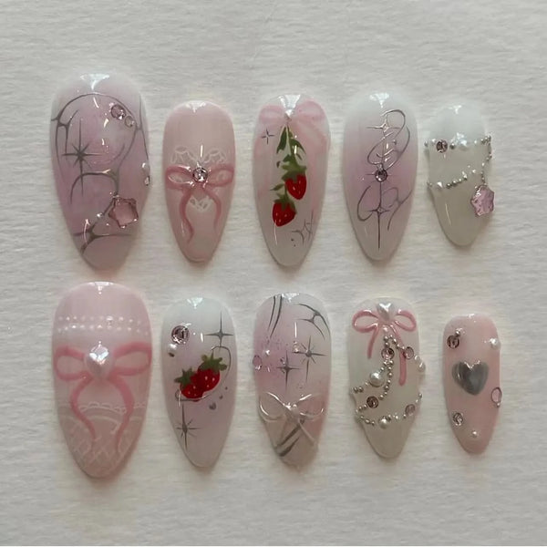 24pcs Ins Blush Bow Printed Fake Nails Sweet Girl Strawberry Decor False Nails for Women Wearable Almond Press on Nail Tips