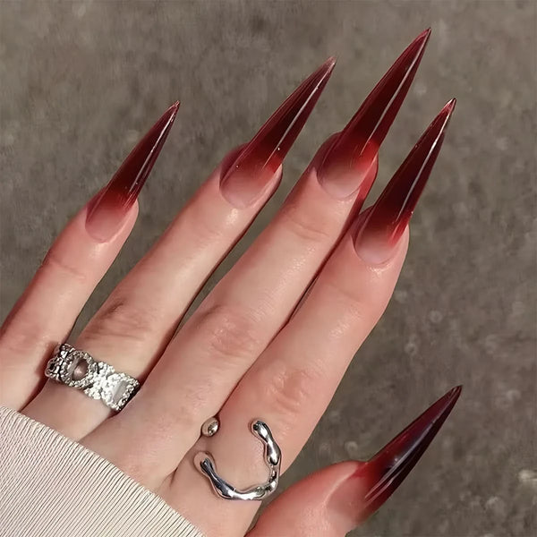 Wine Red Fake Nail Tips Long Pointed Head Glossy Press on Nails Wearable Full Cover INS Gradient Color False Nail Tips 24pcs