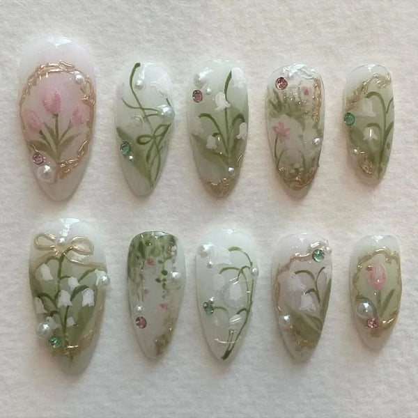 24pcs Orchid Sweet Fake Nails Sweet Cool Ins Style Wearing False Nails Wearable Full Cover Fairy Flowers Almond Press on Nails