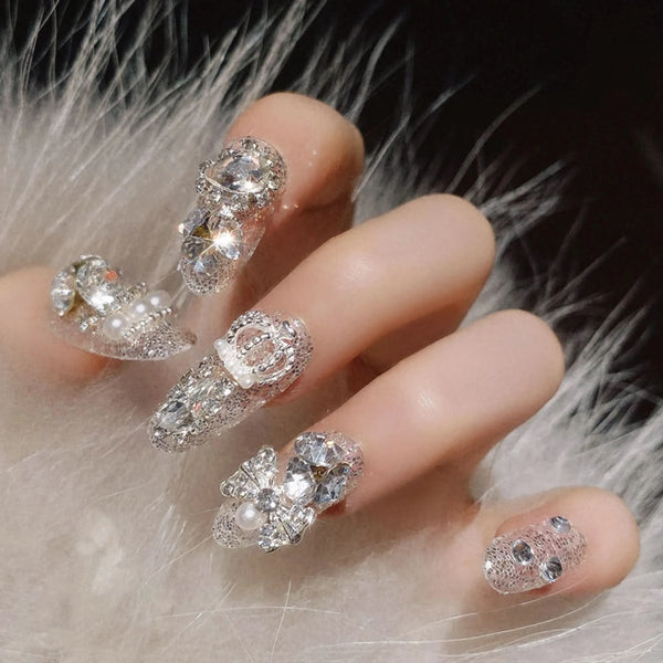 24PCS/Sets Wedding Bride Fake Nails Glitter Crystal Pearl Rhinestone Nail Patch Full Nail Tips Fingernail Women Nail Art Tips