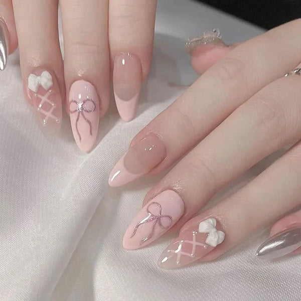 24pcs Ins Sweet False Nails White Bow Design Pink French Press on Nails Wearable Detachable Almond Fake Nail Tips For Girls