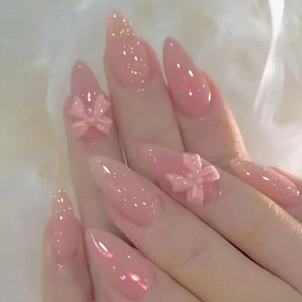 24pcs Korean Sweet False Nails Pink Bow Design Glossy Press on Nails Wearable Detachable Almond Fake Nail Tips For Girls Lady